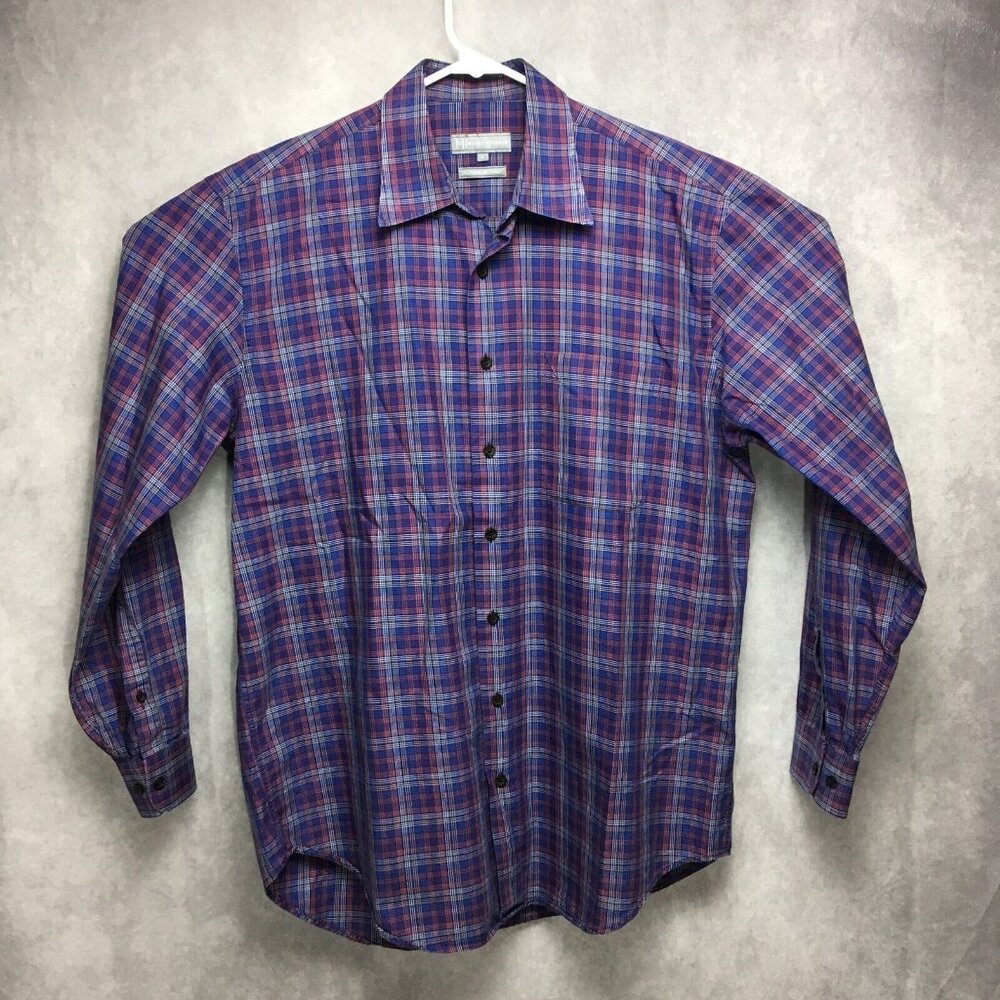Hickey Freeman Mens Plaid Shirt size‎ L Long Sleeve Button Up Blue Orange Italy